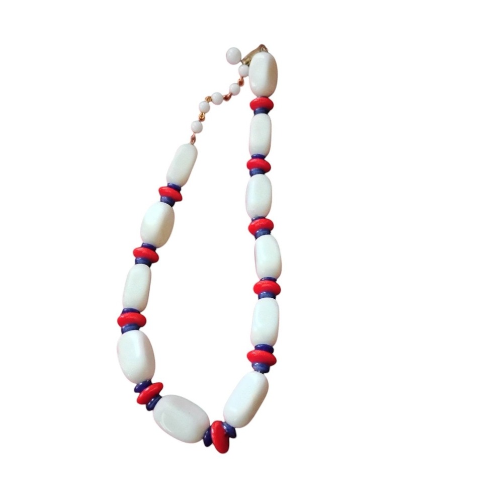 Vintage Trifari Beaded Necklace Red White Blue Nautical Statement Hook Clasp